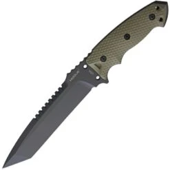 Hogue 35108 EX F01 Fixed Black Finish Sawback Steel Tanto Blade Knife With OD Green Checkered G-10 Handle